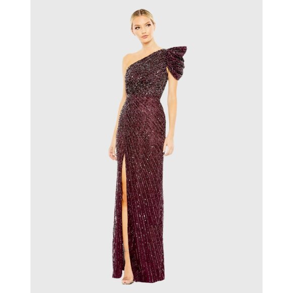 Mac Duggal Dark Red Embellished Puff One Shoulder Gown in Blackberry Size 12 - Picture 1 of 13